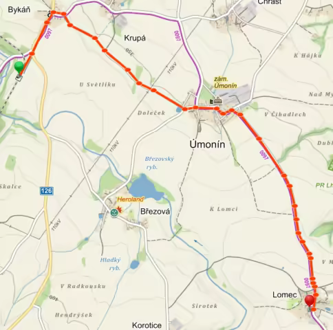 Mapa cesty pěšky z Bykáně přes Úmonín do Lomce