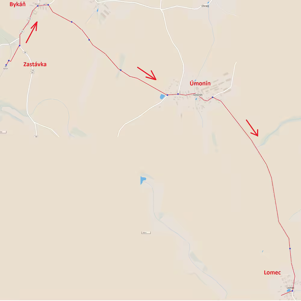 Mapa cesty pěšky z Bykáně do Lomce