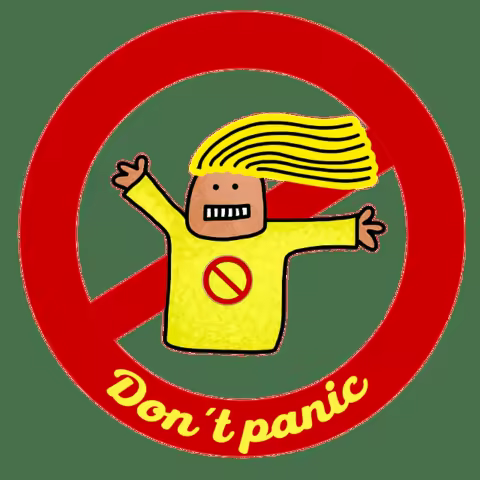 Cedule Don't panic s kreslenou postavou