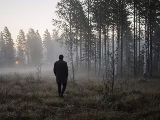 Člověk sám v mlžné krajině při anonymním pobytu ve tmě