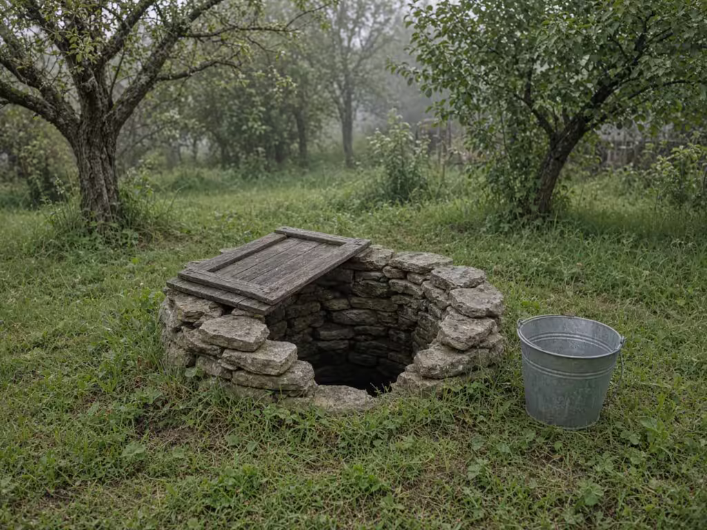 Stará kopaná studna z naskládaných kamenů s dřevěným poklopem a vědrem v sadu