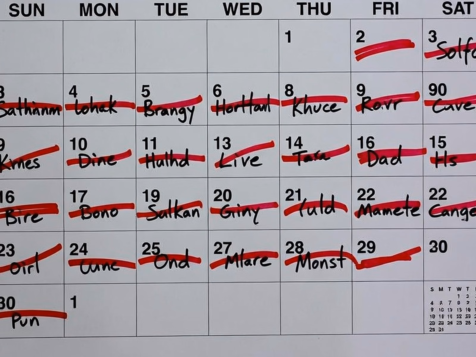 Kalender der Dunkeltherapie mit durchgestrichenen Namen der Teilnehmenden
